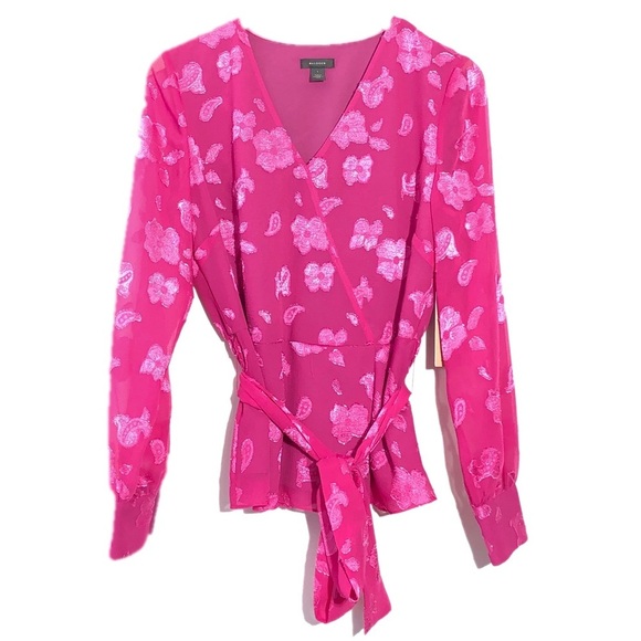 Halogen Pink Floral Metalic Thread Ruffle Blouse With Belt Sash S - Picture 1 of 8